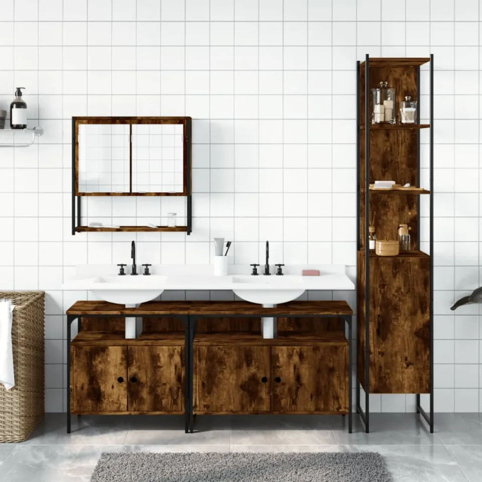 vidaXL 4-delige Badkamermeubelset bewerkt hout gerookt eikenkleurig, foto 2