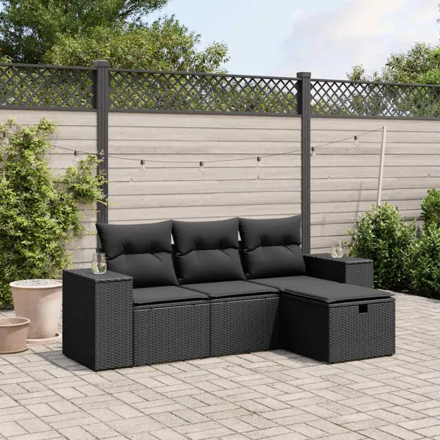 vidaXL 4-delige Loungeset met kussens poly rattan zwart, foto 2