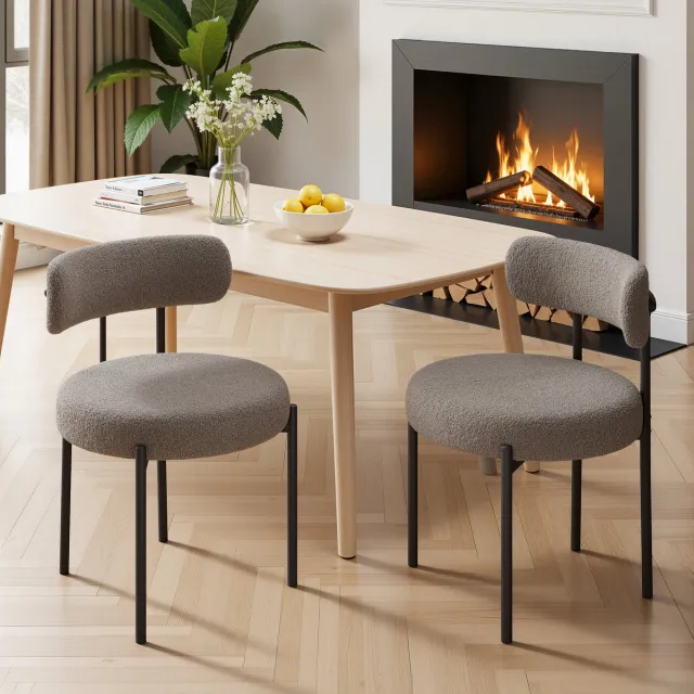 hawthyhome Eetkamerstoel Set van 2 Teddy Stof Gestoffeerde Stoel met Metalen Poten Moderne Keukenstoel Design Stoel Zachte Bouclé Stoel Comfortabele Zitstoel voor Eetkamer Woonkamer Keuken Slaapkamer Horeca Scandinavische Stijl grijs