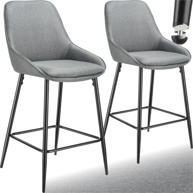 Tectake Set van 2 Barkrukken Siera - Gestoffeerde Barkruk met rugleuning - Barstoelen - Barstoel met voetensteun - Eetkamerstoel met stoffen bekleding en zachte schuimvulling - Stevige stalen poten met antislip vloerbescherming - Grijs/Zwart Zwart/Grijs