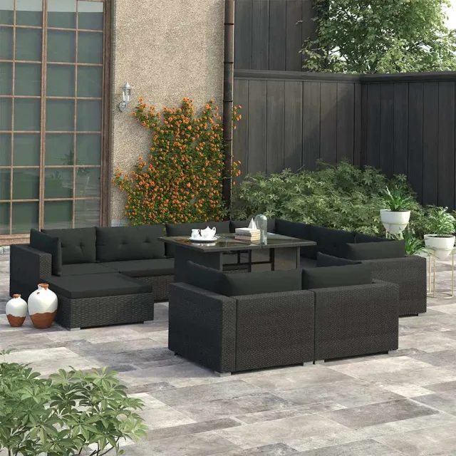 vidaXL 10-delige Loungeset met kussens poly rattan zwart