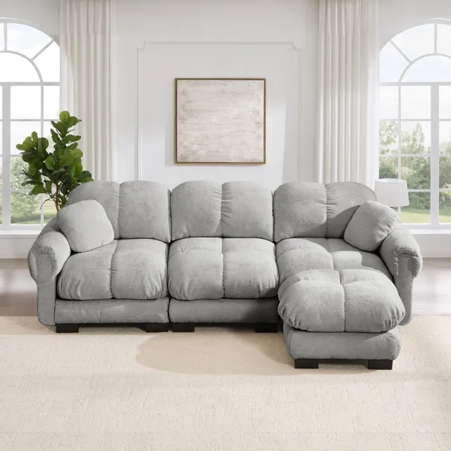 MODFU Bank - Hoekbank - 3-Zits - L-Vormig - Verplaatsbare Ottomane - Chenille - Lichtgrijs