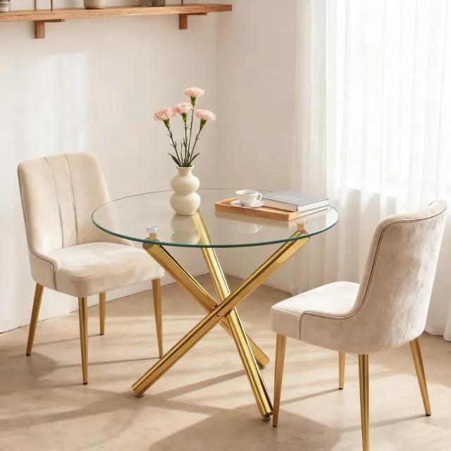MEUNIQ ronde eettafel 80 x 80 x 77 cm met transparant gehard glazen tafelblad, gouden metalen X-poot en verstelbare voetjes, modern voor 2 tot 4 personen