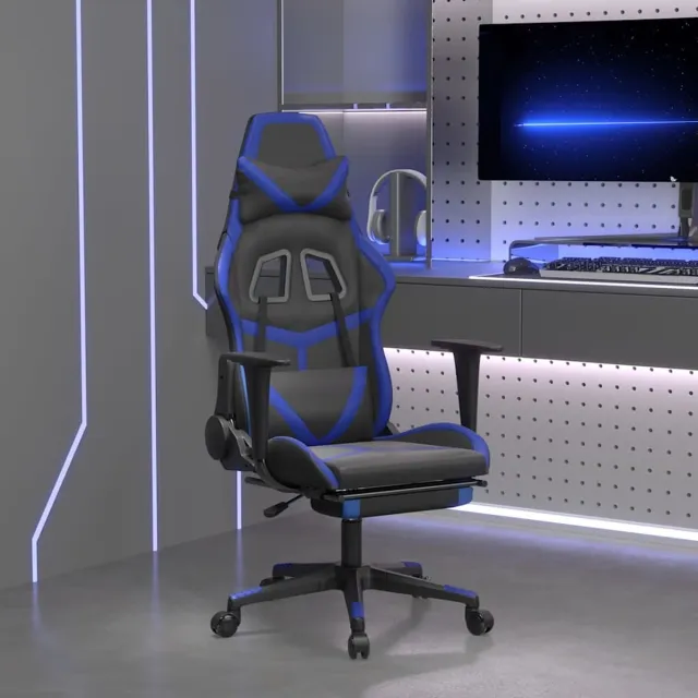vidaXL Massage - gamestoel - met - voetensteun - kunstleer - zwart - en - blauw zwart en blauw