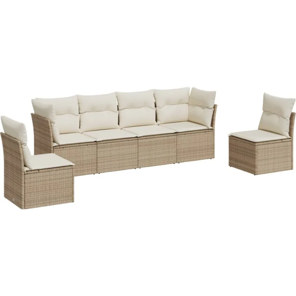 vidaXL 6-delige Loungeset met kussens poly rattan beige