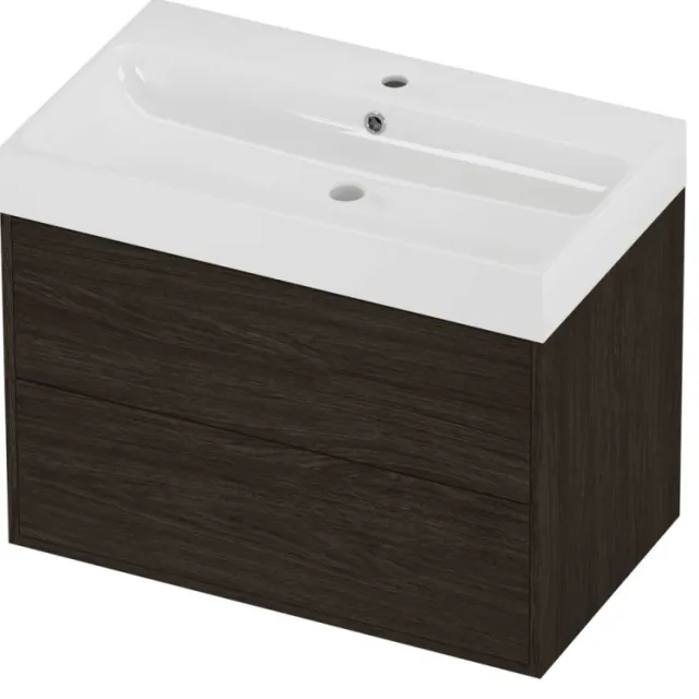 Proline Podium Badmeubelset Polystone Loft 1 Kraangat Voor Grepen 80x46x62 cm Glans Wit Mokka Oak Eiken