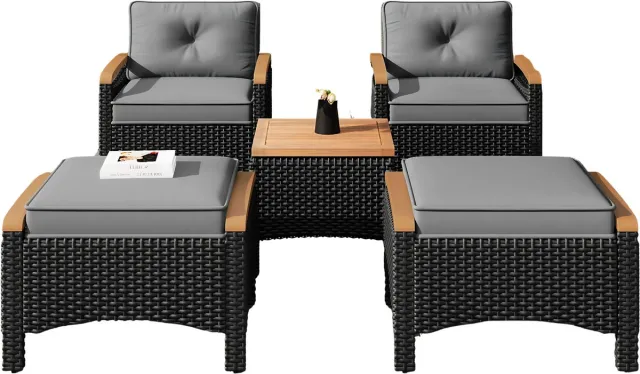 Happiq 5-delig Tuinmeubelset - Loungeset - Tuinlounge -Voor Balkon of Terras - Acacia Hout & Rotan Metalen Frame - Waterdichte Grijze Kussens Grijs