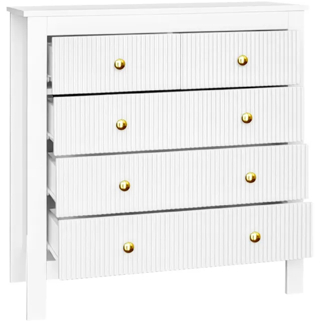 Ropilly Ladekast met 5 lades - 79 x 39,5 x 80,5 cm - Geribbelde ladefronten - Wit met gouden handgrepen - Voor slaapkamer, woonkamer of hal