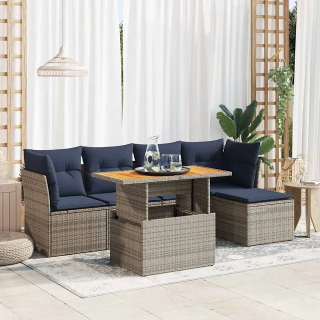 vidaXL 6-delige Loungeset met kussens poly rattan grijs, foto 2