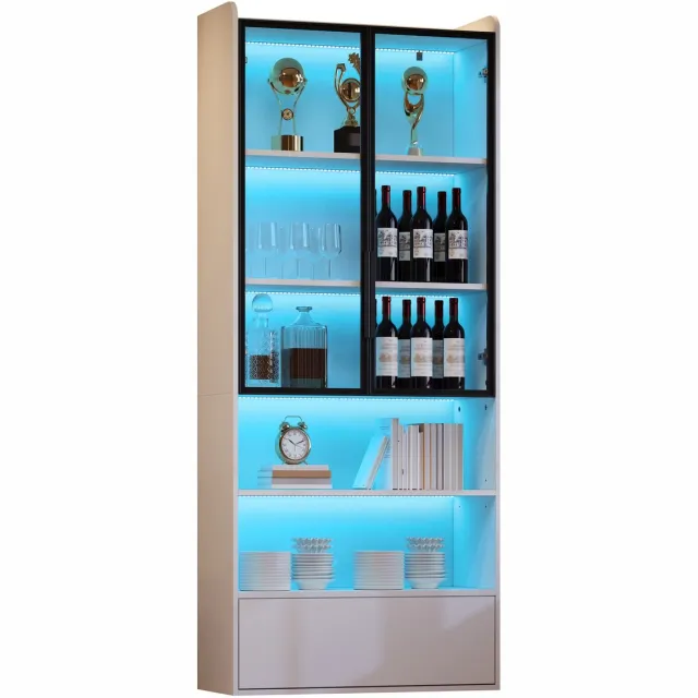 MODENUIT Vitrinekast - Met Glazen Deuren En Lade - Voor Woonkamer En Opbergen - MDF En Glas - 80x34x180 Cm - Wit