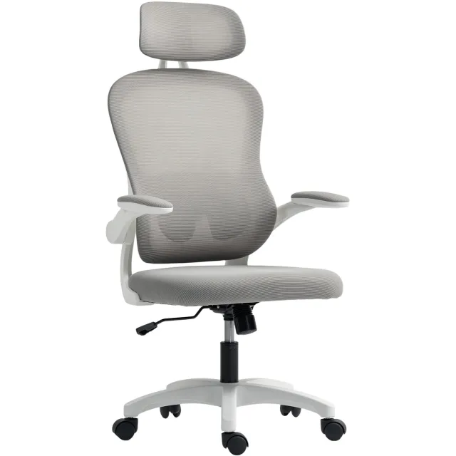 Homona Ergonomische bureaustoel - Met lendensteun, hoofdsteun en opklapbare armleuningen - In hoogte verstelbaar - 64 x 62 x 107-115 cm - Grijs/Wit