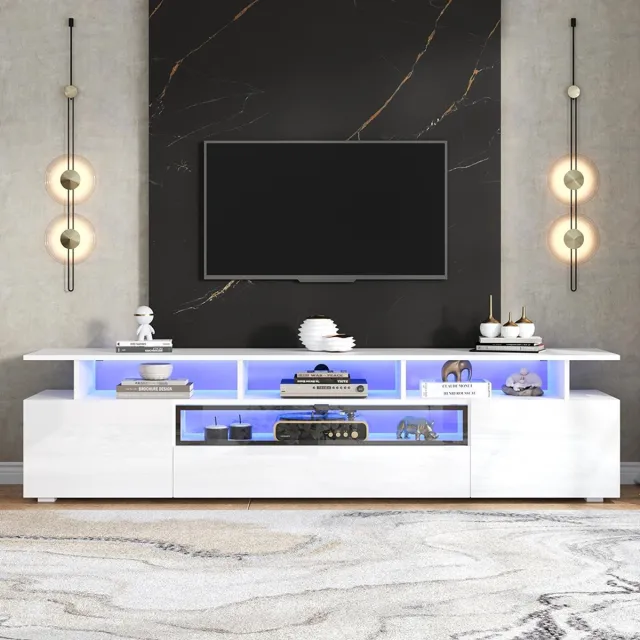 KOMHTOM BLACKCOLORS TV-meubel 180*38*45 cm, glanzende tv-steun, tv-meubel met 2 kasten en 1 lade, laag meubel met ledverlichting en 10 planken, staand woonkamermeubel, geschikt voor tv's van ongeveer 75 inch Wit