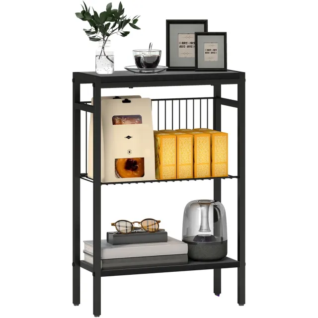 Homcom bijzettafel met draadmand en 3 niveaus - Sidetable - Nachtkastje - Zwart