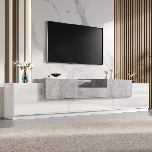 MODFU TV-Meubel - Glazen Plank En Lade - Moderne Stijl - MDF - Wit En Grijs - 200 Cm