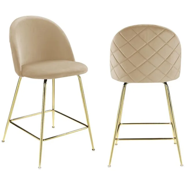 Vente-unique Set van 2 barkrukken MELBOURNE - Fluweel en goudkleurig metaal - Beige L 51 cm x H 95 cm x D 58 cm