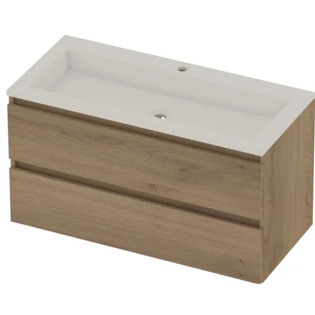 Basic-Line Aura 46 Badmeubelset Acryl 1 Kraangat Greeploos 100x46x54 cm Pure Oak Glans Wit