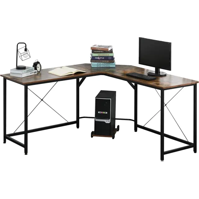 Computer Table, L-Shaped Corner Desk, Office Table, E1 Chipboard + Metal, Black + Brown, 150 x 150 x 75 cm Brown Writing