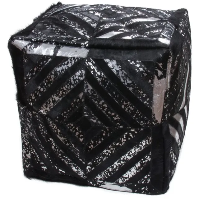Padiro vierkante poef 45 x 45 x 45 cm - zwart en zilverkleurig - leer - handgemaakt met diagonaal patroon
