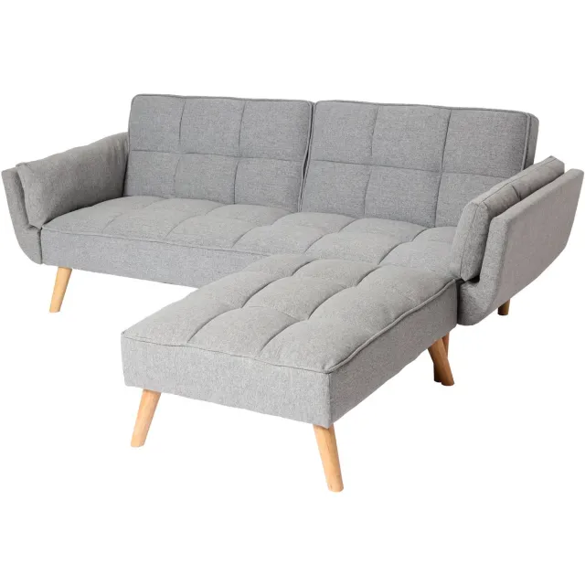 Slaapbank MCW-K18 met voetenbank, slaapbank, slaapfunctie 218x175cm ~ stof/textiel lichtgrijs