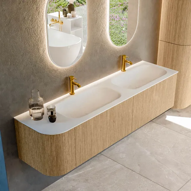 Mondiaz KURVE 175 cm Onderkast Greeploos 2 Lades Met Deuren Oak, Wastafel Solid Surface Rechts Talc 2 Kraangaten Zonder Spiegel (KRVBGS175L2L1D2KD-Oak/Tal)