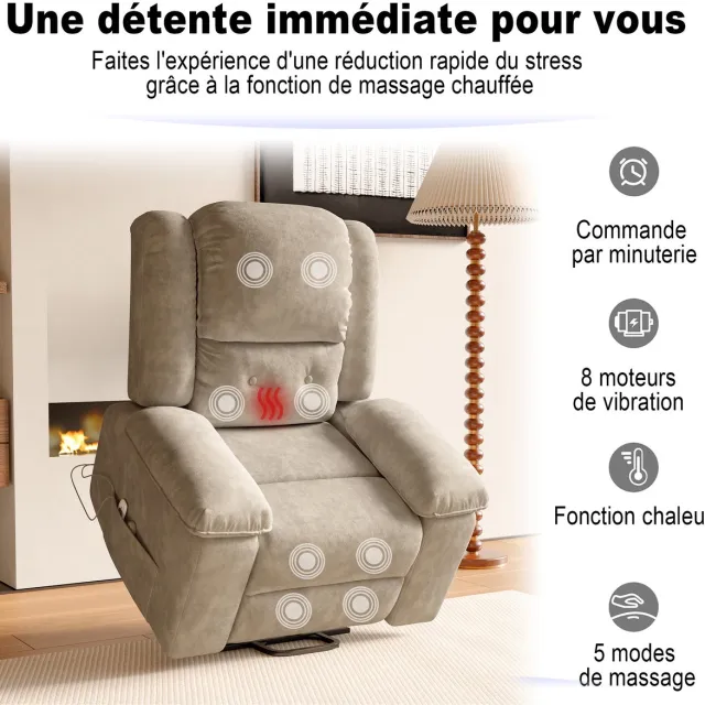 ROSAHQNDA Elektrische massagestoel met 8-zone-warmtefunctie, voetsteun, 2 zijzakken, 5-versnellingsmodi, 3 modi voor het omhoog en omlaag brengen van de rugleuning, tv-stoel voor volwassenen en ouderen, ontspannende stoel voor woonkamer, slaapkamer beige