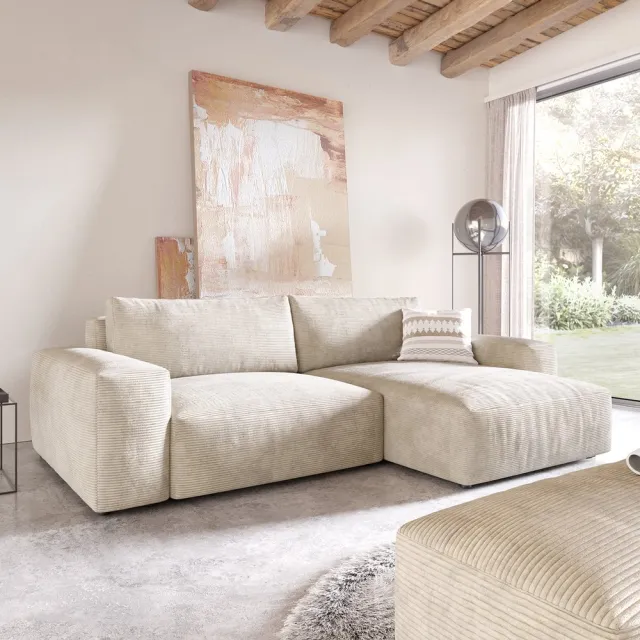 DELIFE Hoekbank Lanzo XL Cord Beige 270x180 cm Recamiere variabel met hocker