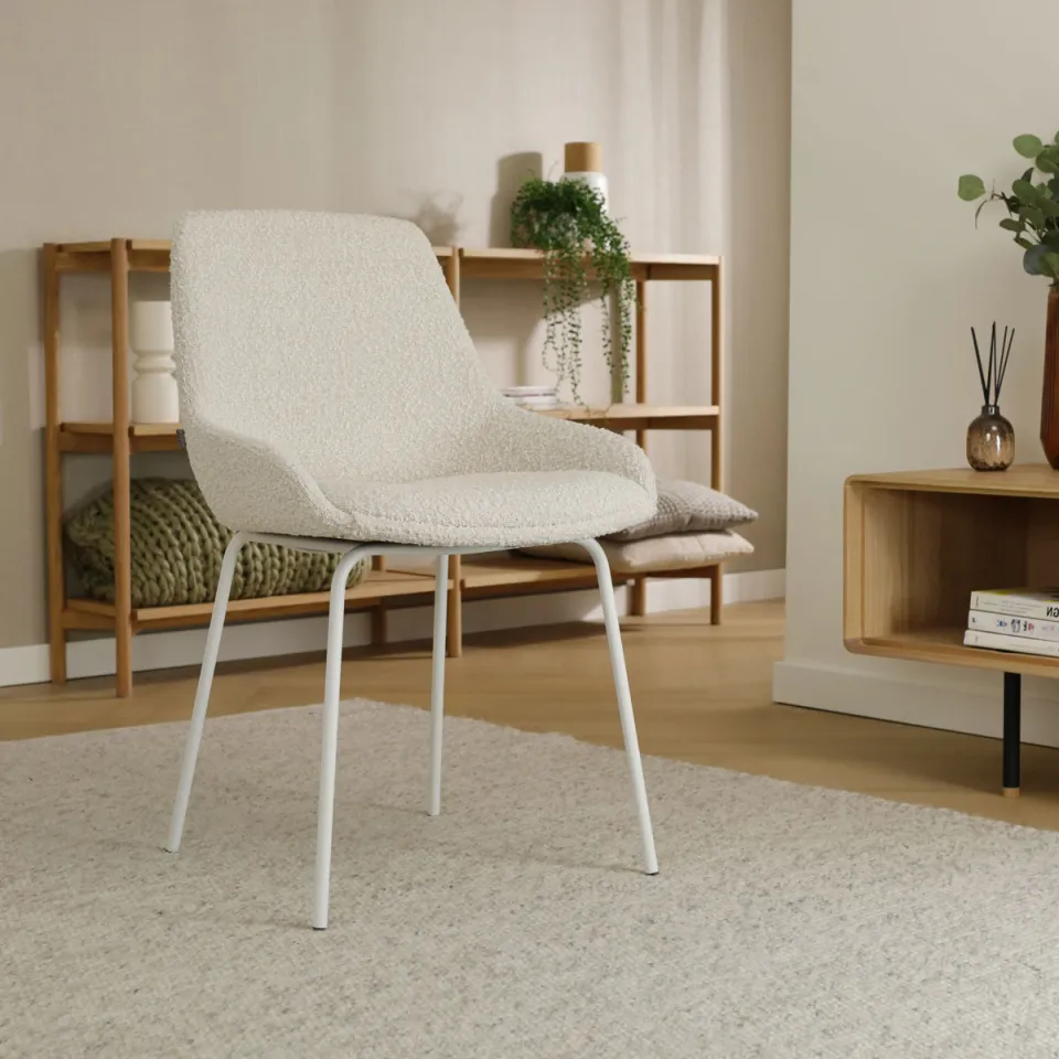 Nolon Nora-Isa eetkamerstoel bouclé beige - wit onderstel, foto 2