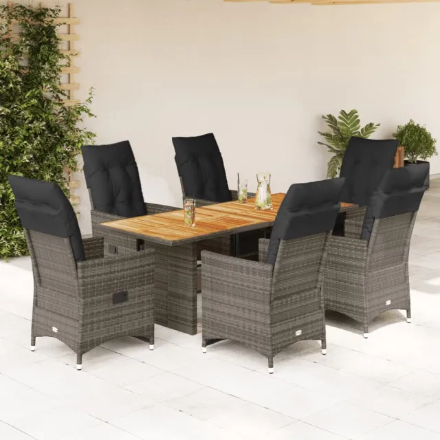 vidaXL 7-delige Bistroset met kussens poly rattan grijs, foto 2