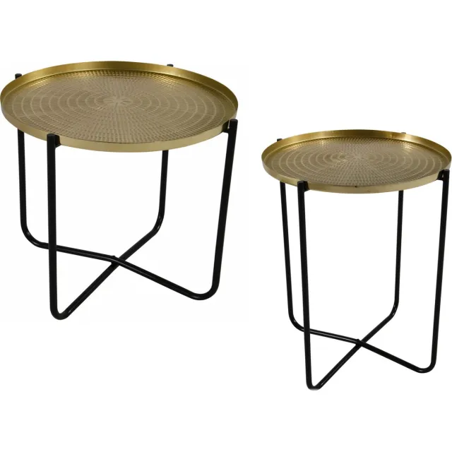 Lesliliving Set van 2x stuks ronde bijzettafel/plantenstandaard goud/zwart 35 en 50 cm - plantenhouder/plantentafel/oppottafel Goudkleurig