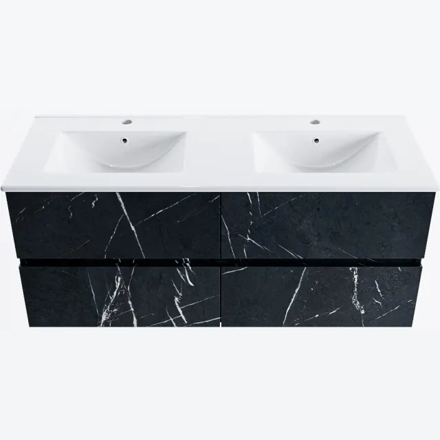 Mondiaz VICA 120cm badmeubel onderkast Marquina 4 lades. Wastafel DENIA dubbel 2 kraangaten, kleur Glanzend Wit.