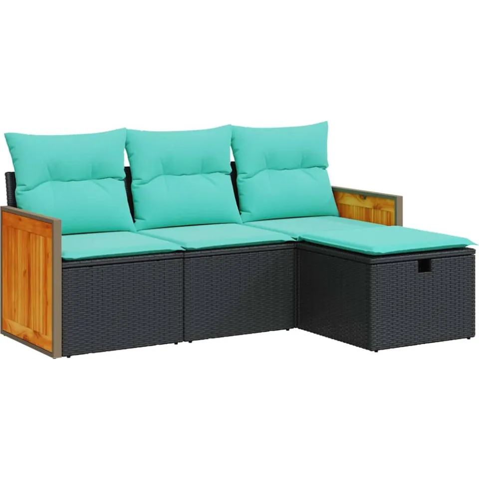 vidaXL 4-delige Loungeset met kussens poly rattan zwart