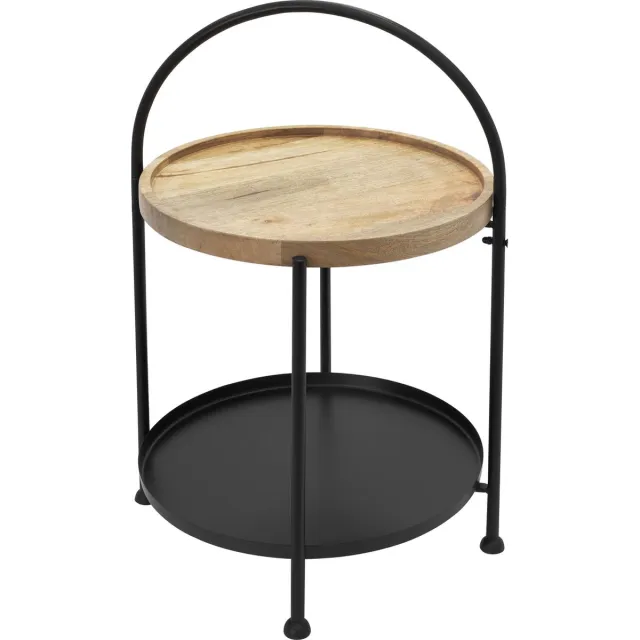 ecd germany Bijzettafel met twee niveaus Ø 38x55 cm Zwart metaal en hout Inklapbaar Bruin