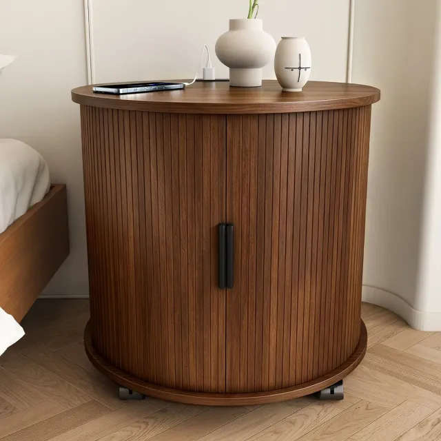 DESMIU Bedtafel - Rond Mid Century Design Met Ladestation En Schuifdeur - Voor Slaapkamer En Woonkamer - MDF - Walnoot - 60 Cm Walnut