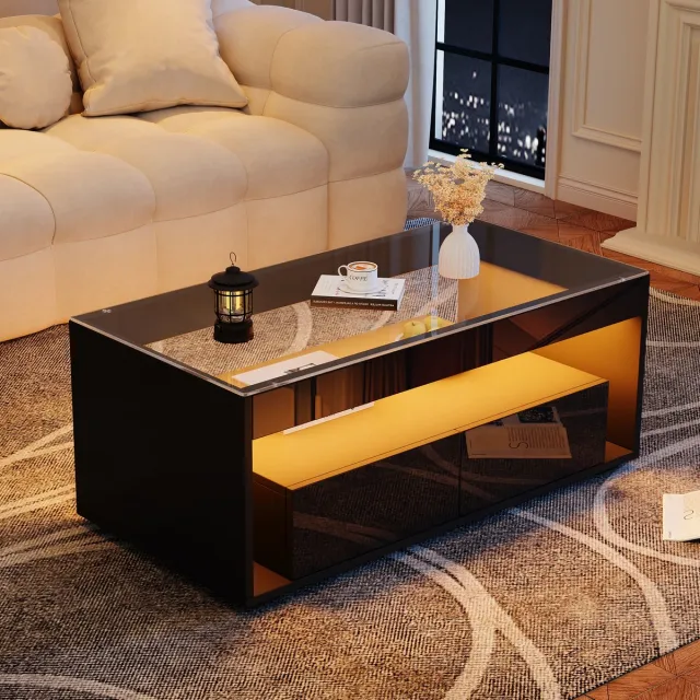 MUVANO Salontafel Led - Zwarte Salontafel - Hoogglans-Modern – App – Gehard Glas – 2 Lades - Dubbellaags - Woonkamer - 100x50x40cm- 1 Stuk-Zwart Wit