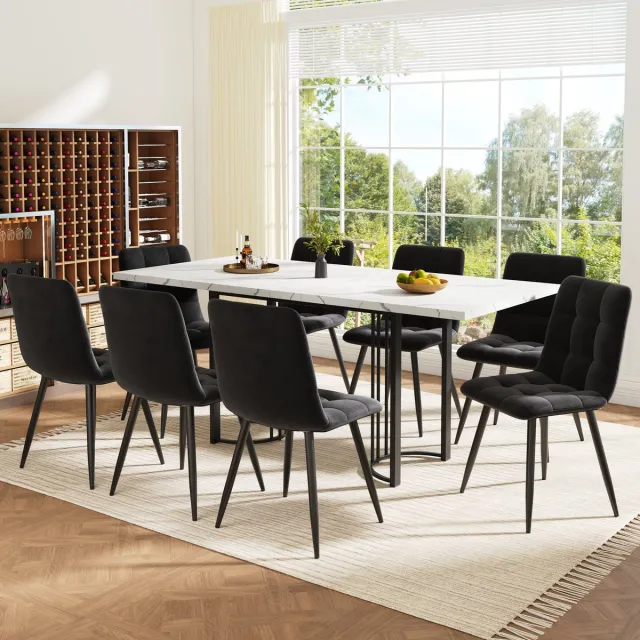 MODENUIT Eethoek 140-179,5 cm - Uitschuifbare Tafel met 8 Stoelen - Voor Eetkamer en Keuken - MDF Metaal Zwart Wit