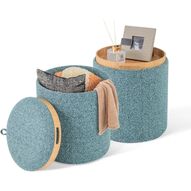 Costway Kruk, set van 2, ronde voetenbank met opbergruimte en omkeerbaar deksel, make-uptafelkruk, gevoerde voetenbank voor woonkamer, slaapkamer, blauw