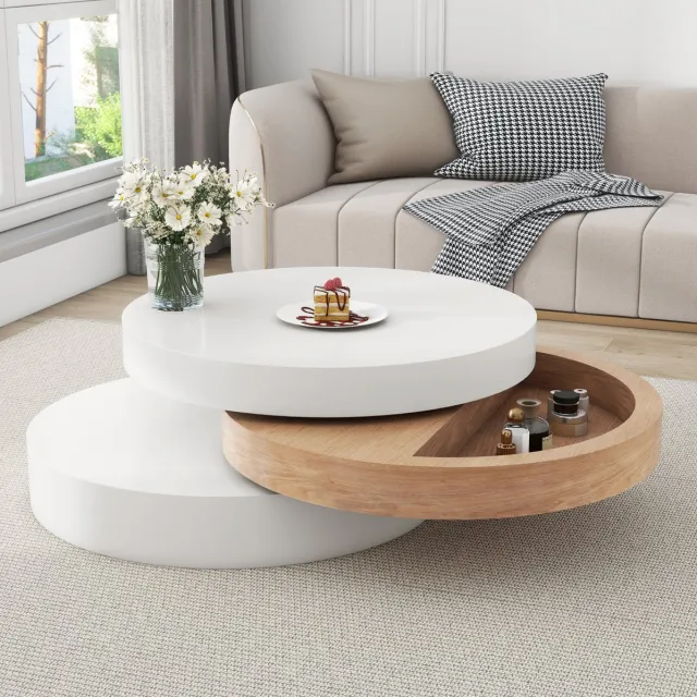 FloraGrace Salontafel - Ronde 360 Graden Draaibare Tafel Met Opbergruimte - Voor Woonkamer - MDF En Houtlook - 60x60x35,1 Cm - Wit Naturel