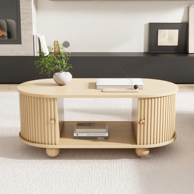 REDOM Ovale Salontafel - Met Schuifdeuren En Opbergruimte - Industrieel - Voor Woonkamer - MDF - Houtkleur - 100 X 50 X 40 Cm