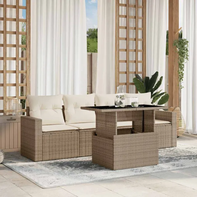 vidaXL 5-delige Loungeset met kussens poly rattan beige, foto 2