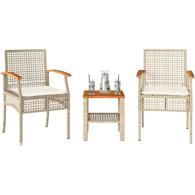 vidaXL 3-delige Bistroset met kussens poly rattan en acaciahout beige