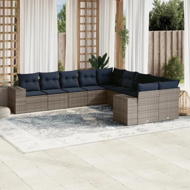 vidaXL 10-delige tuinbankset met kussens, grijs polyrotan, foto 2