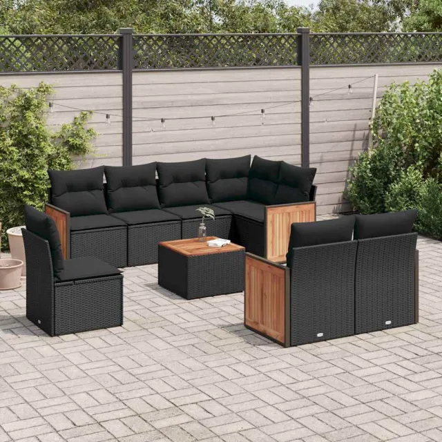 vidaXL 9-delige Loungeset met kussens poly rattan zwart, foto 2