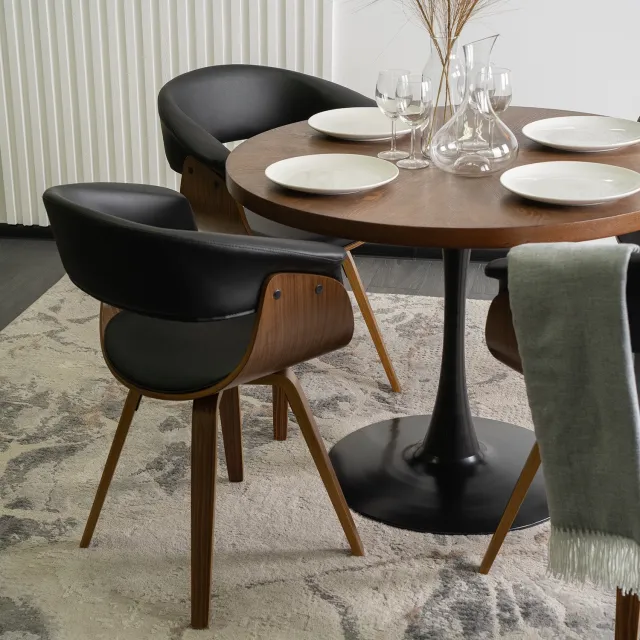 Mebel Elite Ohio Serie - Eetkamerstoel - Zwart kunstleer - Walnootkleurig gebogen multiplex - Met armleuningen Zwart;Bruin