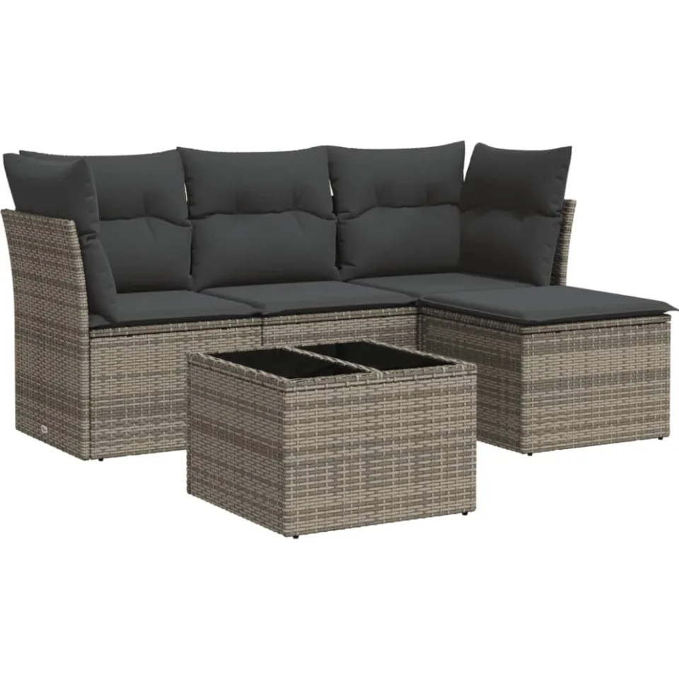 vidaXL 5-delige Loungeset met kussens poly rattan grijs, foto 3