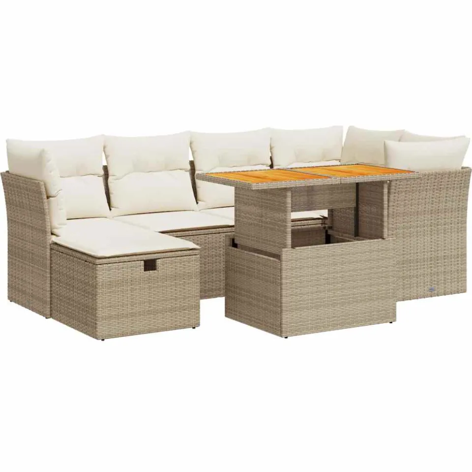 vidaXL 7-delige Loungeset met kussens poly rattan acacia beige