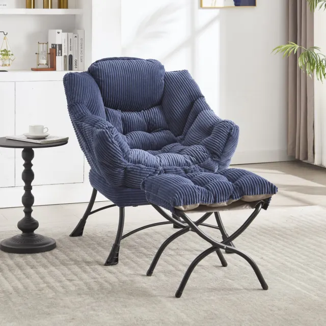 CHICFURN Fauteuil - Met hocker en zijvak - Stalen frame - Marineblauw