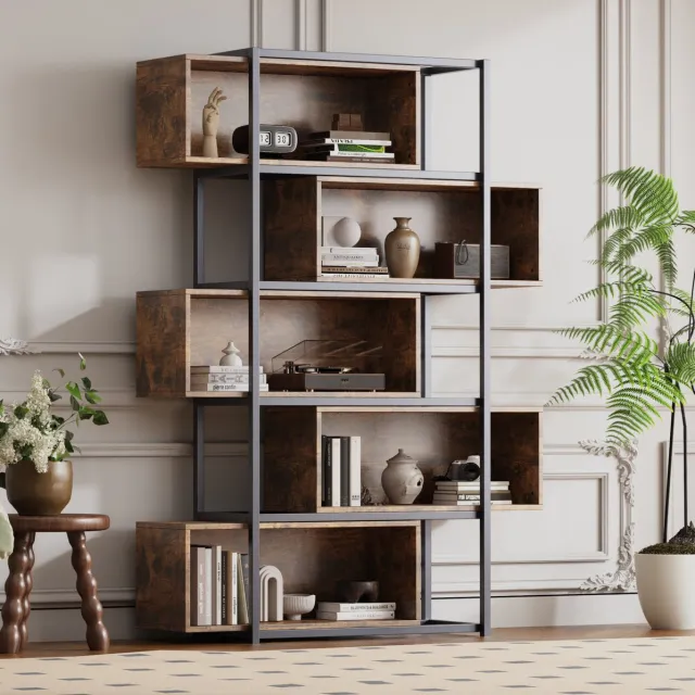 WUVRIE Boekenkast 121x35x176 cm - 5 niveaus met open vakken en kantelbeveiliging - Zwart/bruin