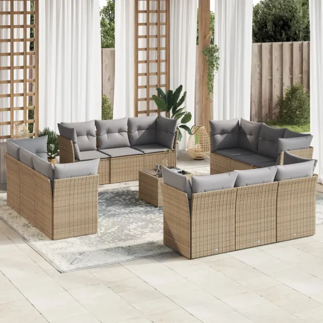 vidaXL 13-delige Loungeset met kussens poly rattan beige, foto 2