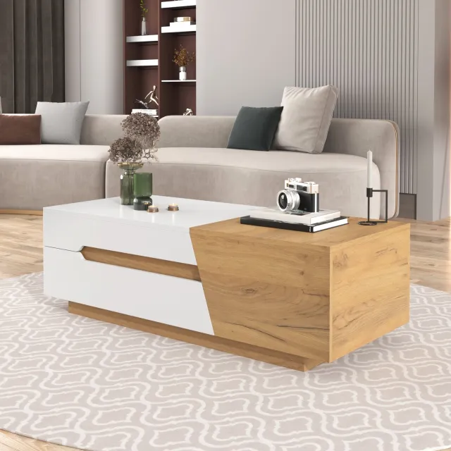 DantefHandels Ausziehbarer salontafel, woonkamertafel met laden, bijzettafel met Farbblockstruktur naturel,wit