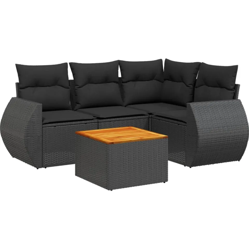 vidaXL 5-delige Loungeset met kussens poly rattan zwart, foto 3